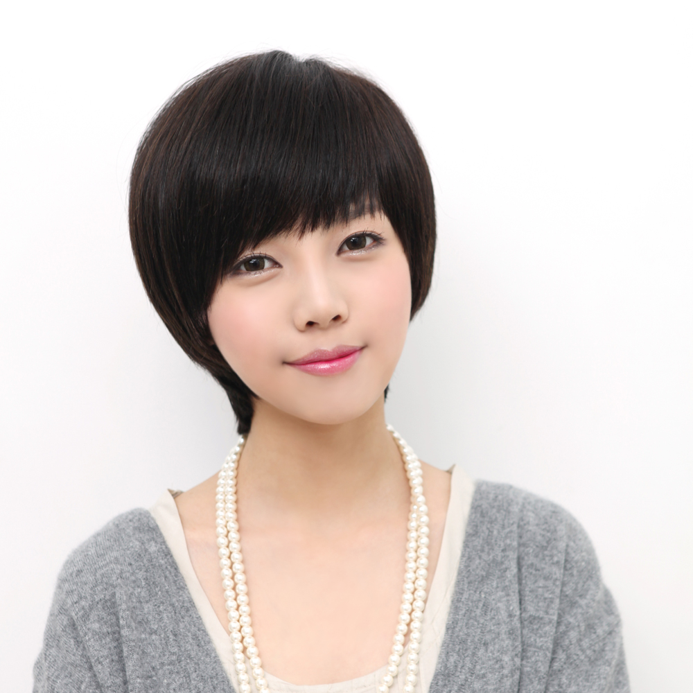 真人发 女士假发 波波头 短直发 斜刘海时尚女生假发真发假发套女