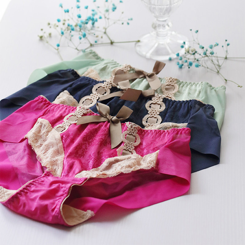 Honmei married big red women's panties Solid color satin mid-rise lace briefs