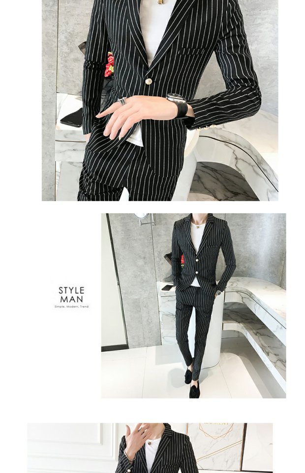 Bộ đồ kẻ sọc kẻ sọc phù hợp với nam Slim phiên bản Hàn Quốc của xu hướng kiểu tóc đẹp trai nhỏ phù hợp với chàng trai thủy triều đêm hai mảnh áo comple