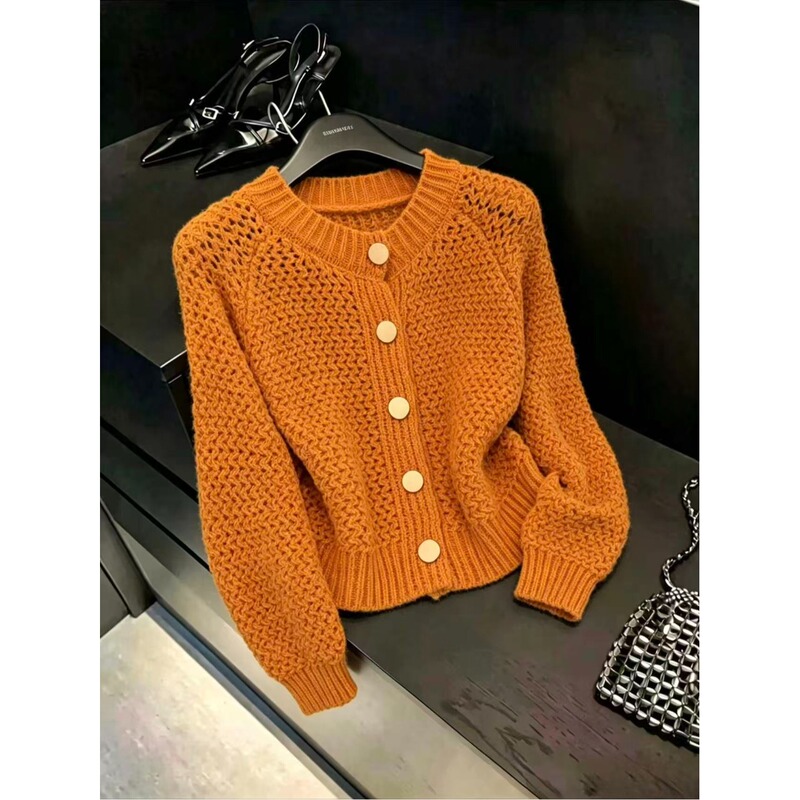 Lazy Style Retro Orange Single-Breasted Round-Neck Long-Sleeved Knitted Jacket for Women with Hollow-Out Design and Loose Fit to Cover the Body