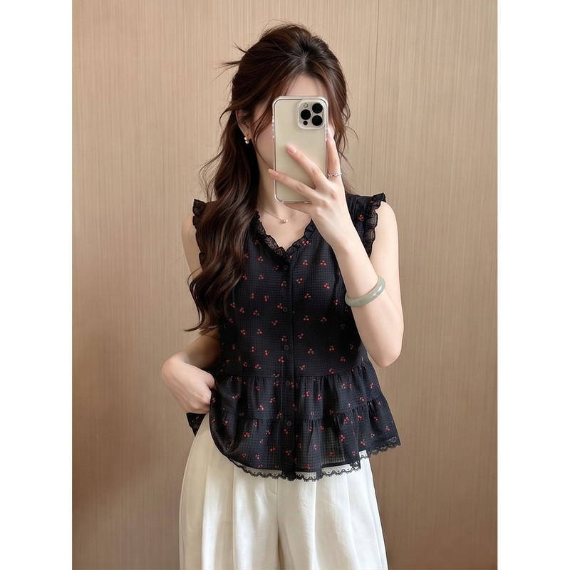 Black Cherry Lace V-Neck Small Flutter Sleeve Chiffon Top for Women, Summer Vacation Style Mesh Patchwork Babydoll Shirt Black Cherry Lace V-Neck Small Flutter Sleeve Chiffon Top for Women, Summer Vacation Style Mesh Patchwork Babydoll Shirt