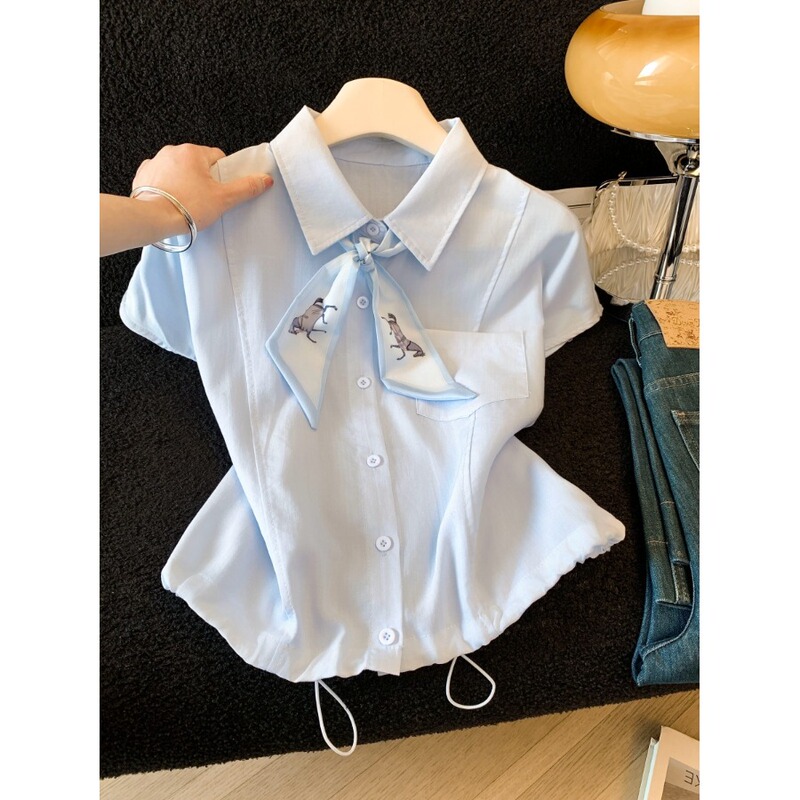 This Year's Trendy Lace-Up Lapel Short-Sleeve Shirt for Women, 2026 Summer New Design, Niche Drawstring Short Top