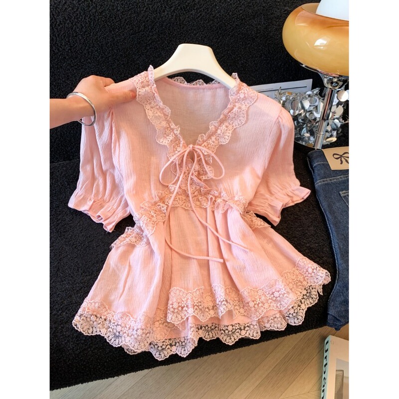 Pink Lace Patchwork V-Neck Short-Sleeve Shirt for Women, Unique and Beautiful Summer Blouse, Waist-Cinching Babydoll Shirt