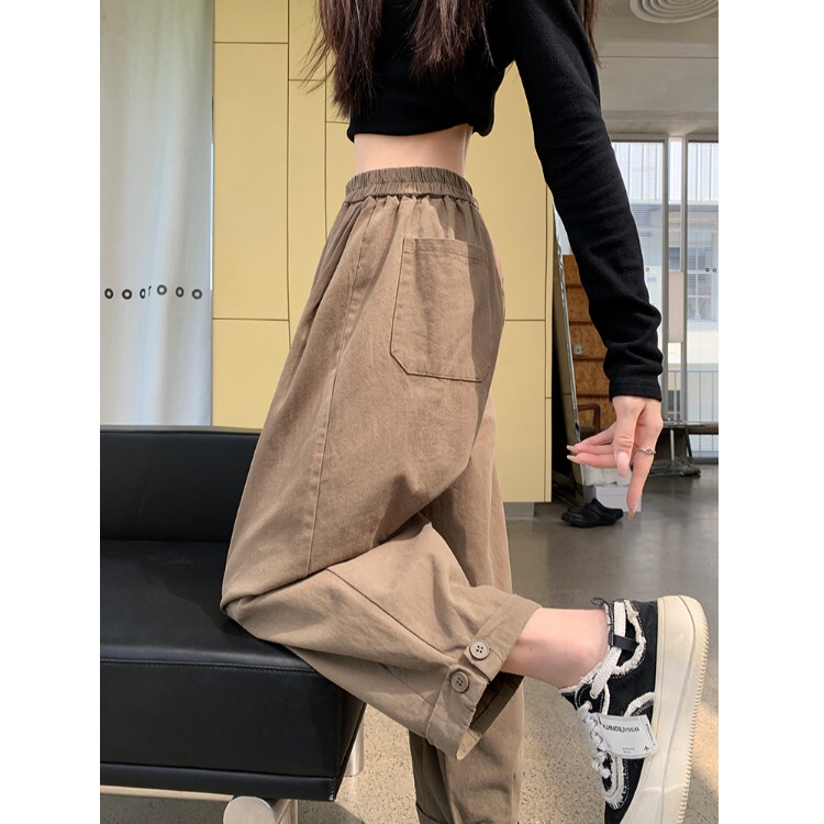 Khaki Washed Cotton Casual Cargo Pants Spring Women's High-Waisted Tummy Control Rolled Hem Straight-Leg Pants Loose Cropped Dad Pants