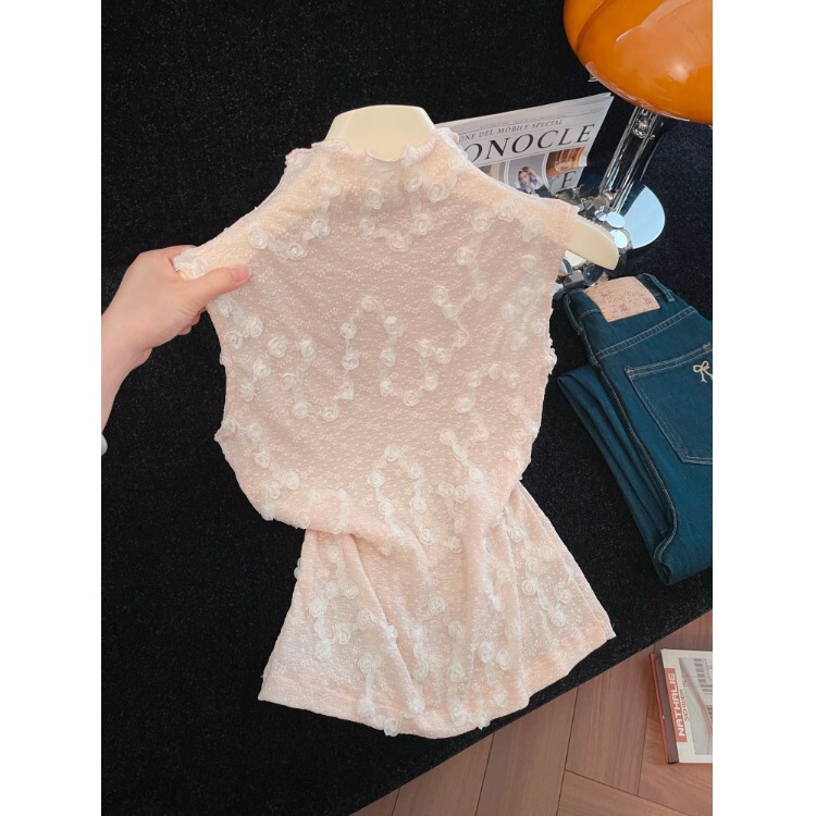 Light Mature Style Pink Lace Floral Half-High Collar Sleeveless Top for Women, Summer Thin Slim-Fit Trendy Vest