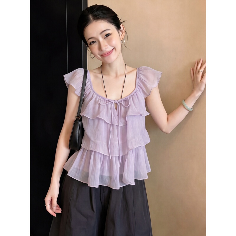 Retro Purple Lace Ruffle Shirt for Women, Popular Summer Style, Gentle Style, Loose Fit, Slimming, Age-Reducing, Beautiful Lace Shirt Retro Purple Lace Ruffle Shirt for Women, Popular Summer Style, Gentle Style, Loose Fit, Slimming, Age-Reducing, Beautiful Lace Shirt