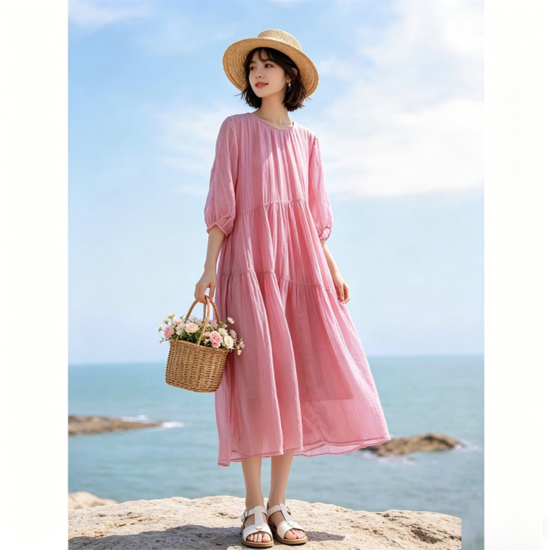 Su Xuan 26 Summer 100-Count Ramie Twisted Fine Wrinkle Dyed Round Neck Three-Quarter Puff Sleeve Light and Flowing Dress