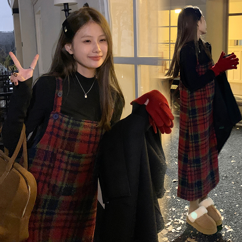 Pregnancy Woman Dress Autumn Winter New Suit Skirt Retro Plaid Fur Wear undershirt Skirt Undershirt Two Sets Dress Superior-Taobao