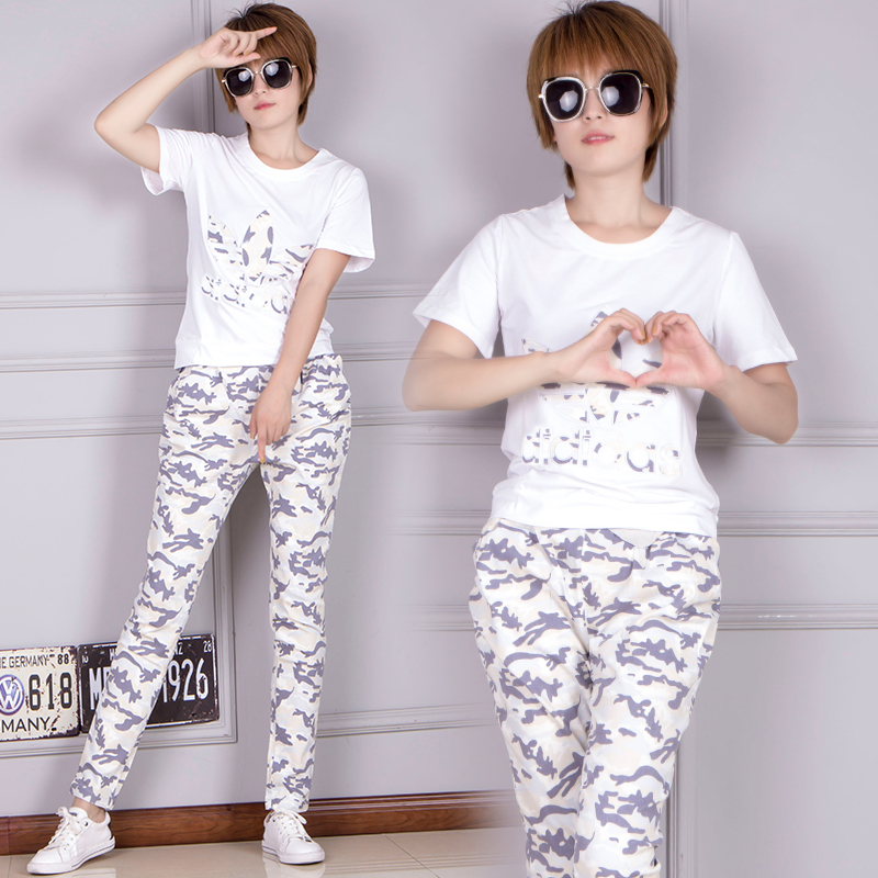 Love tail fish 2022 autumn sports pure cotton casual camouflage pencil pants loose fashion T-shirt women's two-piece Korean style trendy