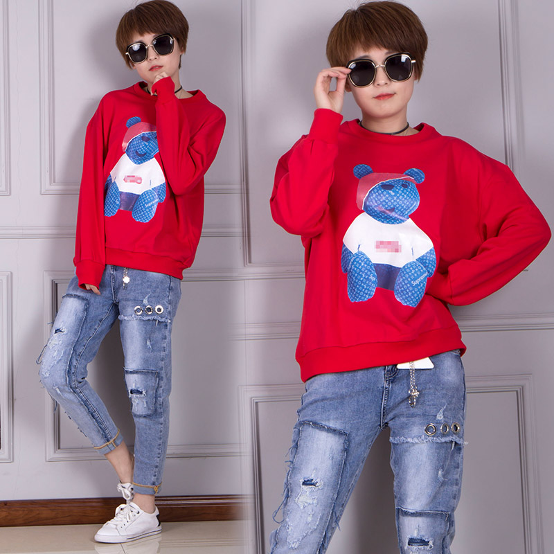 Look tail bear sweater 2023 new women's Korean edition of the tide students loose sleeve long - sleeved tops