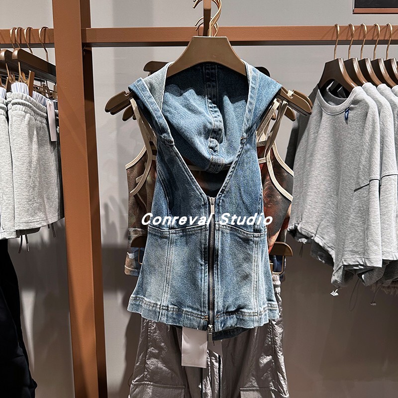 Sh&Ur2025 New Summer Women's Fashion Hot Girl Deconstructed Cut Out Backless Hooded Denim Shirt Short Top Sh&Ur2025 New Summer Women's Fashion Hot Girl Deconstructed Cut Out Backless Hooded Denim Shirt Short Top