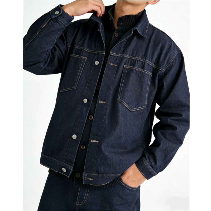 Ldnf 26 Spring Thin Lyocell Raw Denim Jacket with Topstitching, Loose Fit, Turn-Down Collar Workwear Jacket
