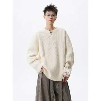 American retro twist design sweater for men and women couple lazy and high-end henry collar loose pullover knitted sweater American retro twist design sweater for men and women couple lazy and high-end henry collar loose pullover knitted sweater