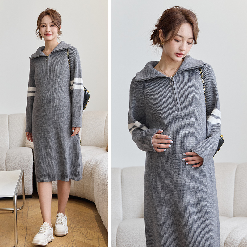 Maternity Wear Knitted Dress Mid-Length Lazy Sweater Dress Sweatshirt Jacket Top Women's 2025 Autumn and Winter New Style