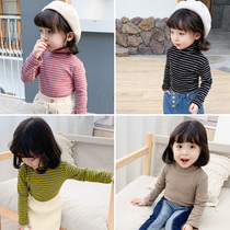 2021 female childrens clothing New pile collar stripes Korean version of childrens long sleeve T-shirt female baby autumn and winter base shirt