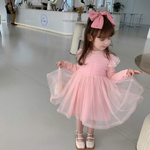 2022 female childrens clothing new wooden ear Korean childrens yarn dress baby Foreign princess skirt tide