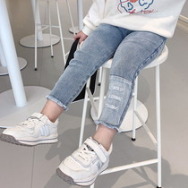 2022 female childrens clothing new trousers letters Korean version of childrens jeans baby Foreign style childrens pants spring and autumn