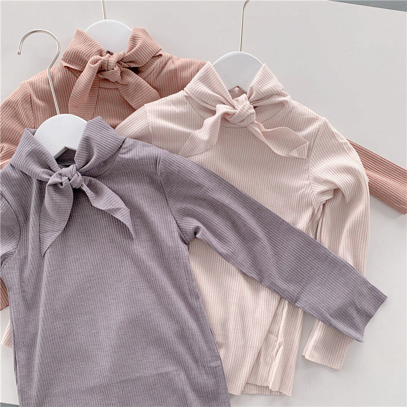 2022 Girls Dress Spring Dress New 100 Hitch Knotted Korean Version Children Beat Bottom Shirt Woman Baby Kid Long Sleeve T-shirt