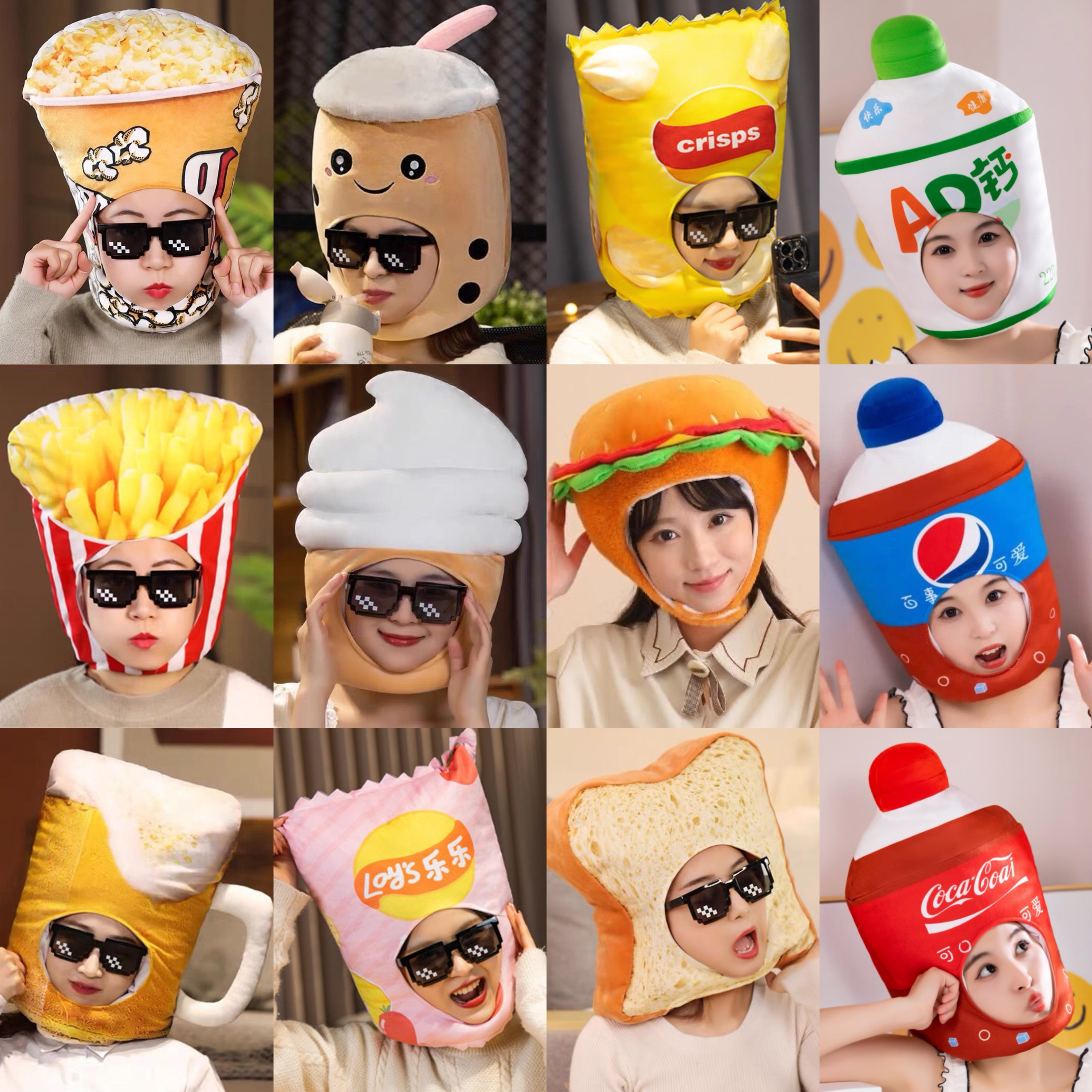 日本の食品や韓国の食品をテーマにした、インスタ映えするヘアバンドや帽子、ポテトチップス、フライドポテト、ハンバーガー、パン、飲み物などをモチーフにした、ユニークでキュートな写真撮影用小道具。
