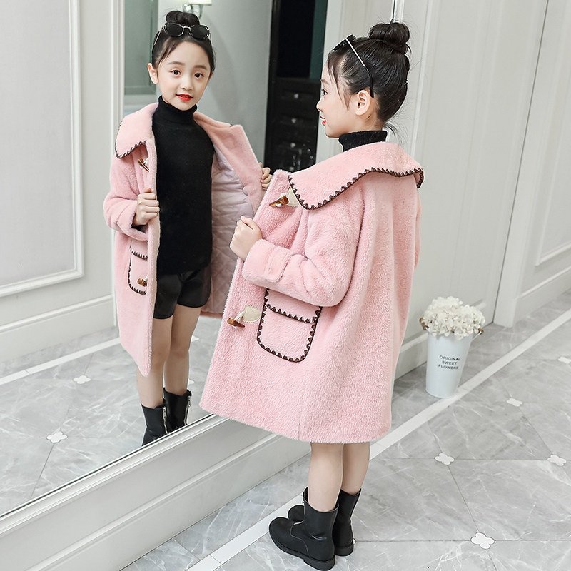 Girls' winter coat 2020 new Korean version plush coat middle-aged children's autumn and winter Western style thick woolen coat