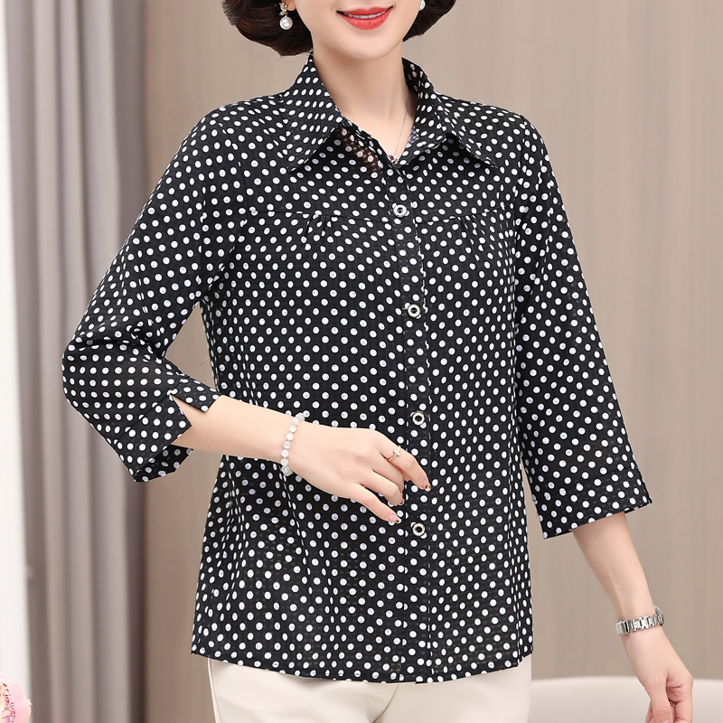 Mom's Polka Dot Shirt, Black, 2023 Spring/Summer, Middle-Aged Women's Shirt, Three-Quarter Sleeve, Thin Style, Plus Size, Grandma's Outfit, Lightweight