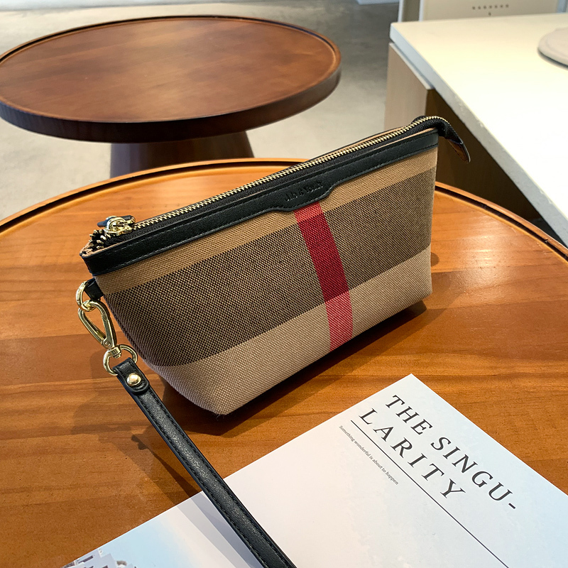 Jiy Handbag Women's Korean Style Plaid Canvas Women's Cosmetic Bag Portable Small Bag Clutch Bag Long Wallet