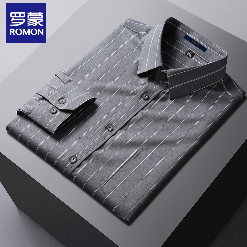 Luomeng long-sleeved shirt men's 2022 spring new casual simple all-match iron-free shirt gray middle-aged striped inch shirt