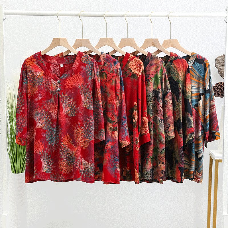 Middle-aged cotton cotton top Women's summer loose cotton half-sleeve old lady shirt Plus size artificial cotton T-shirt to wear outside