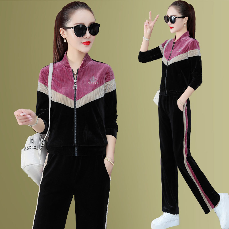 Gold velvet sports suit women's spring and autumn 2022 new fashion early autumn large size sweater casual running clothes two-piece set