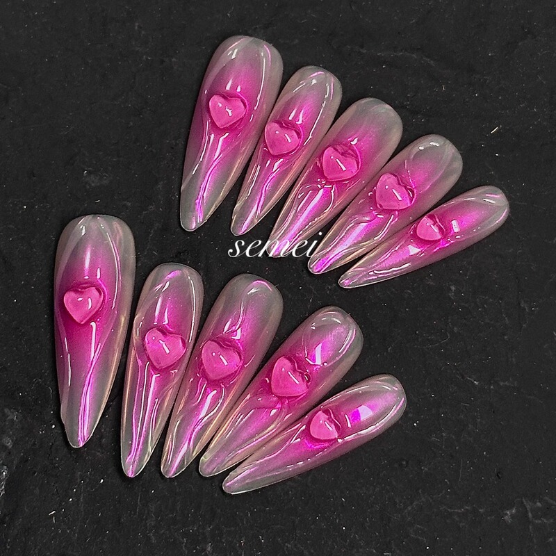 Beautifully Colored Pure Handmade Wearable Nails in Barbie Pink with Aurora Heart-Shaped Design, Complexion-Enhancing, High-End European and American Hot Girl Style Nail Art Finished Product