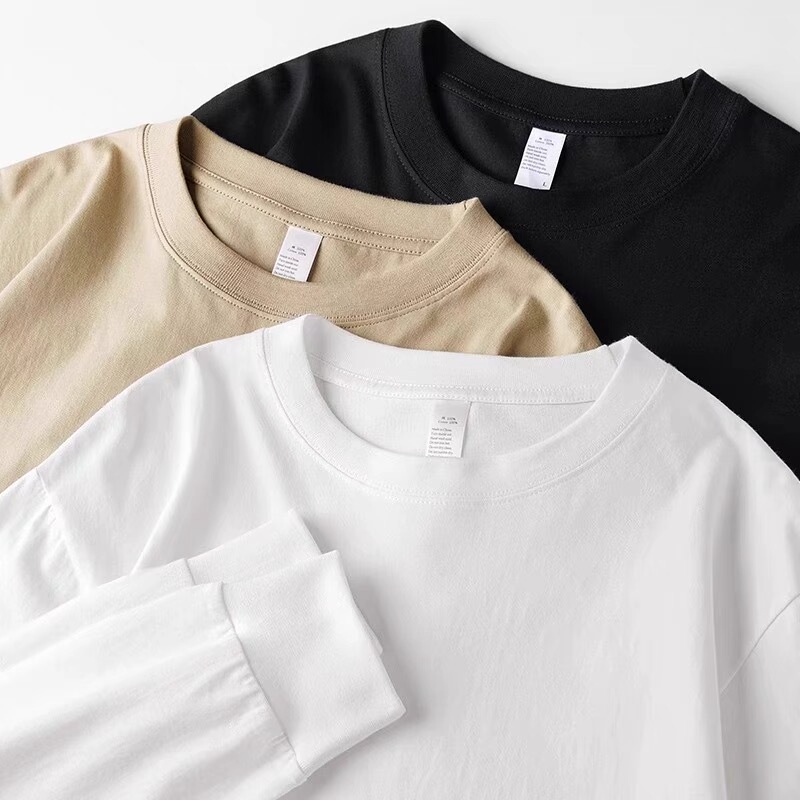 320g Heavyweight Pure Cotton Long-Sleeve T-Shirt for Men and Women, Loose Fit, Breathable, Ribbed Cuffs, Simple Base Layer, Trendy
