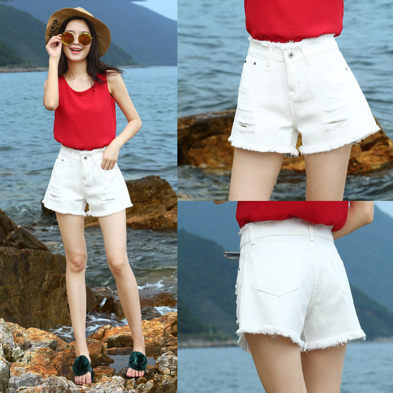 White shorts female summer high waist Korean edition loose student with lean hair - broken jean shorts female hot pants tide