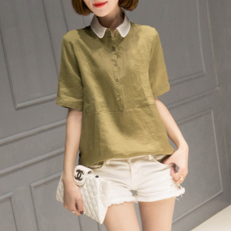 Clearance special cotton and linen shirt women's summer short-sleeved summer Korean version loose doll collar shirt large size linen top