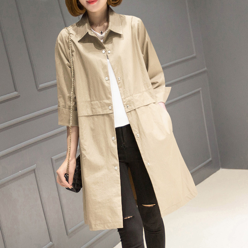 Han She Baili solid color windbreaker women's long version 2021 spring and autumn Korean version loose early autumn seven-point sleeve jacket women's thin section