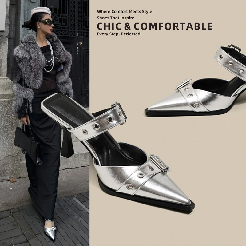 Hong Kong French-Style Pointed Toe Buckle High-Heeled Mules for Women 2026 Spring/Summer New Versatile Silver Elegant Mules