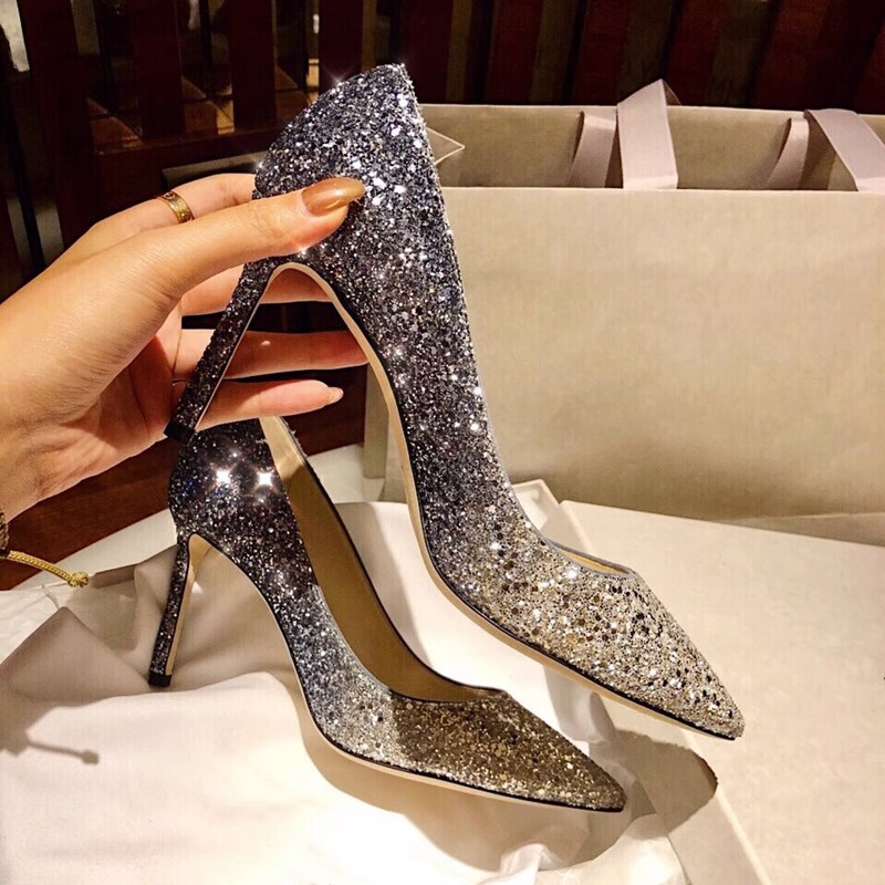 Hong Kong Bridal Shoes Wedding Shoes 2026 Spring and Autumn New Crystal Sequin Internet Celebrity Silver Stiletto Pointed Toe High Heels for Women