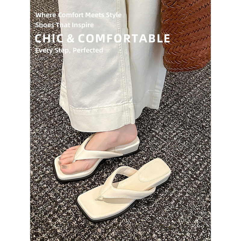 Hong Kong Square-Toe Thong Wedge Beach Flip-Flops for Women, 2026 Summer New Versatile Vacation Style Sandals