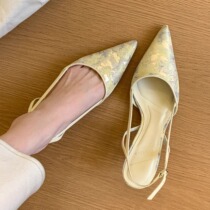 Hong Kong shallow mouth single shoes embroidery new Chinese style one-word strap toe sandals womens empty back 2024 pointed toe stiletto high heels