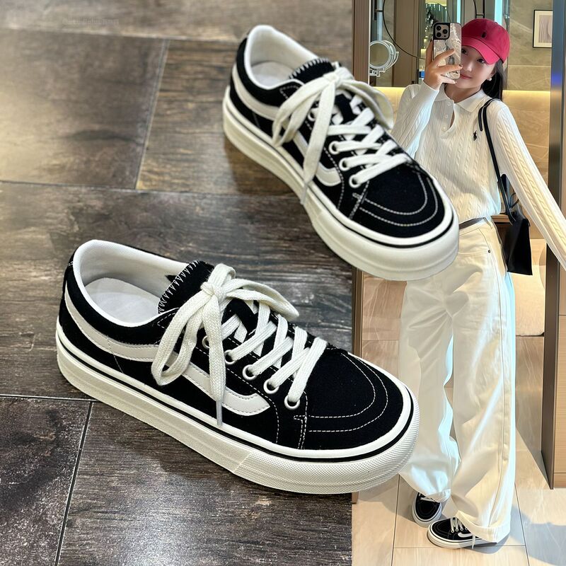 Hong Kong Thick-Soled Soft Casual Sports Sneakers for Women, 2026 Spring New Versatile Lace-Up Canvas Shoes to Match Skirts