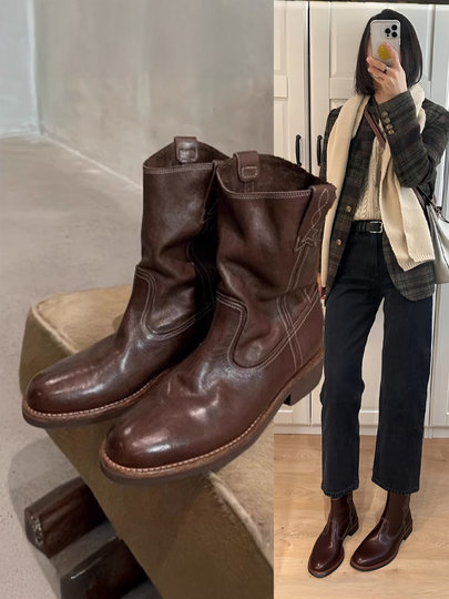 香港马皮真皮复古V口西部牛仔靴女粗跟短靴春秋新款中筒沙漠靴子