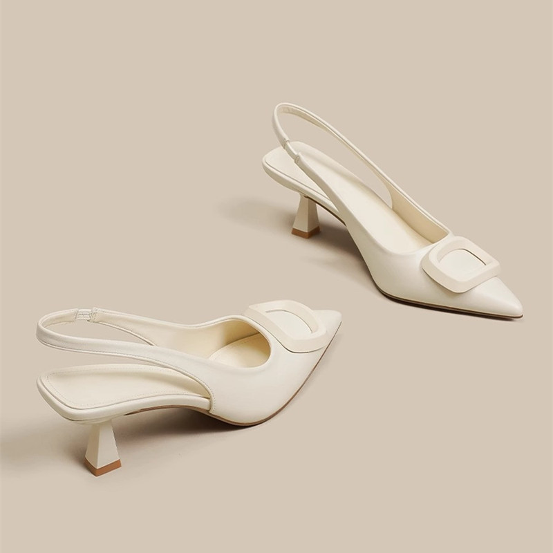Hong Kong 2026 New Summer White Square Buckle Stiletto High Heels Sexy Closed-Toe Sandals with Back Strap Pointed Toe Shoes