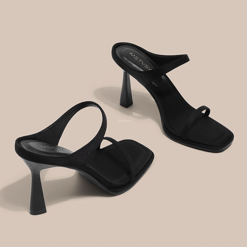 Hong Kong French-Style Square-Toe Open-Toe Sandals for Women 2026 Summer New Fashion Black Stiletto High-Heeled Sandals for Outdoor Wear