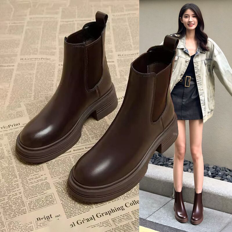 Hong Kong Genuine Leather Chelsea Boots for Women 2026 Spring and Autumn New Style Single Boots Super Popular Thick-Soled Slim Short Boots Martin Chimney Boots