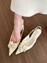 Hong Kong genuine leather high-heeled sandals for women 2024 spring and summer new style versatile pointed toe flowers small fresh rear air-heeled shoes