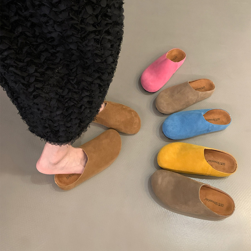Hong Kong Retro Genuine Leather Height-Increasing Round-Toe Birkenstock Shoes for Women, 2026 Spring New Versatile Thick-Soled Closed-Toe Mules