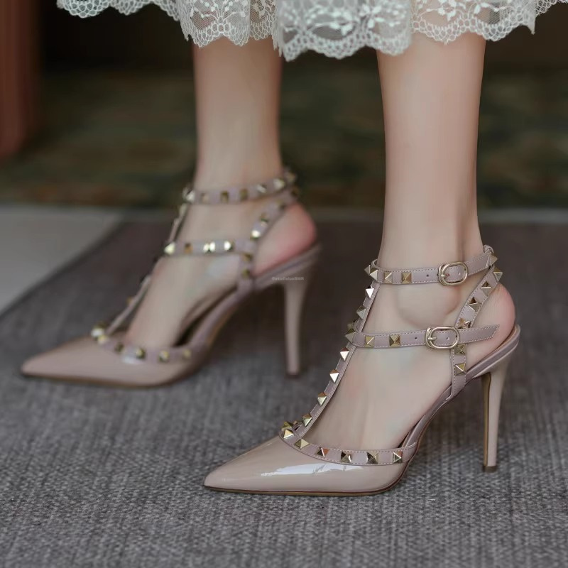 Hong Kong Rivet Pointed-Toe High-Heeled Shoes for Women 2026 Spring and Summer New Style Ultra-High Heel Stiletto Strap Buckle Genuine Leather Sandals