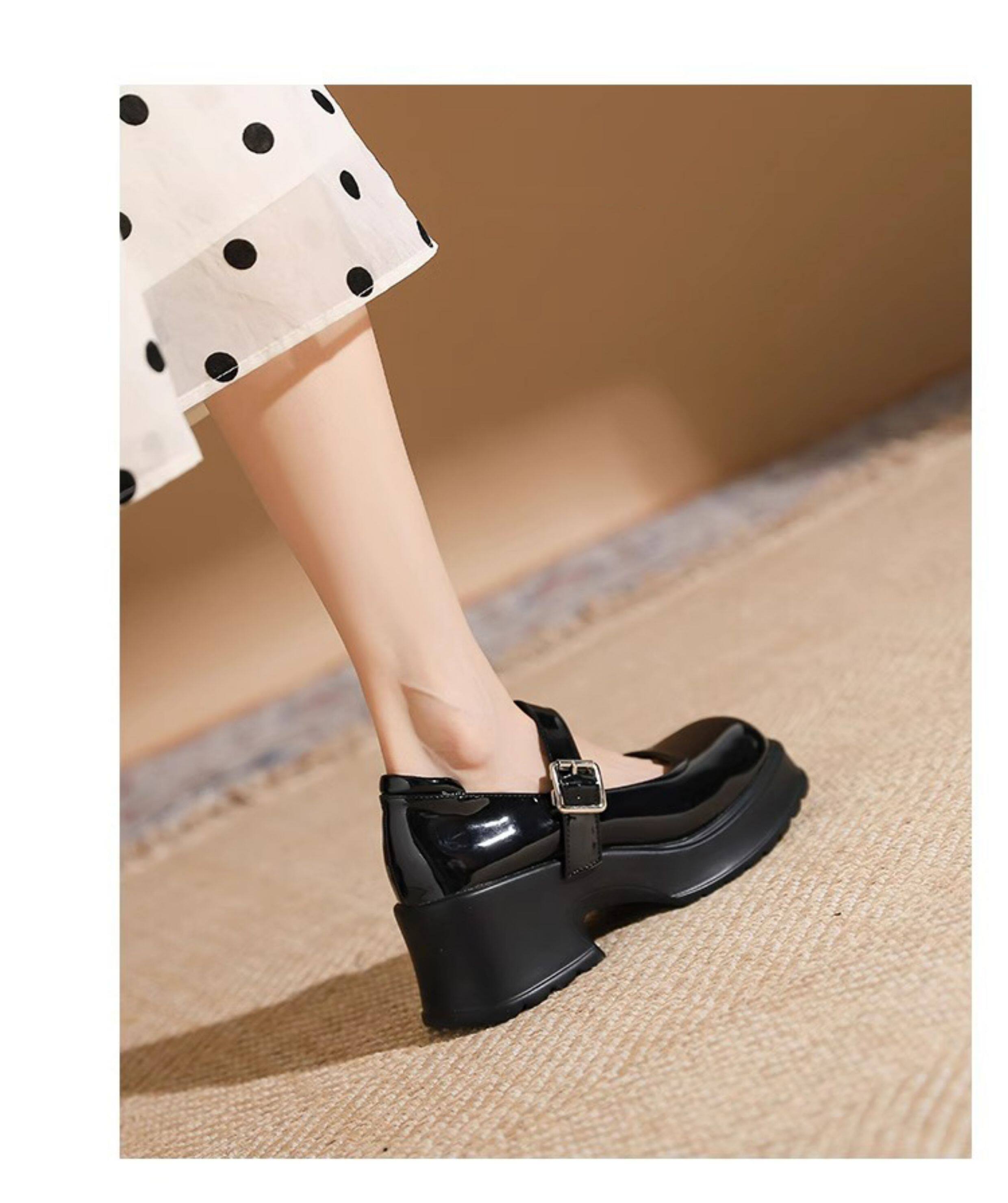 Туфли Мэри Джейн 香港真皮玛丽珍鞋女2025春秋厚底松糕小众覆古方头小皮鞋粗跟单鞋