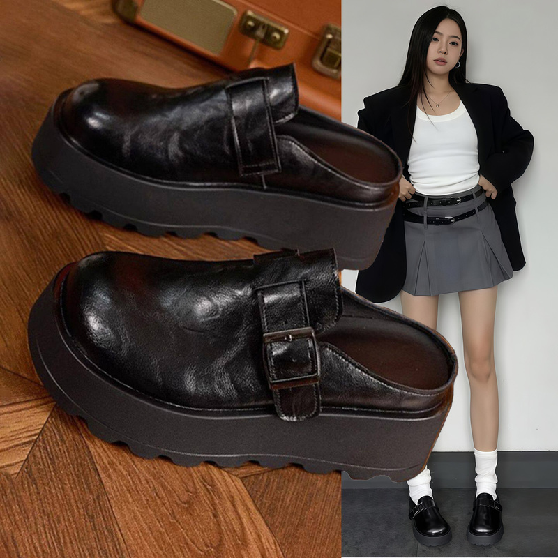 Hong Kong Genuine Leather Thick-Soled Height-Increasing Black Half-Slippers for Women 2026 Spring and Autumn New Retro Versatile Buckle Loafers