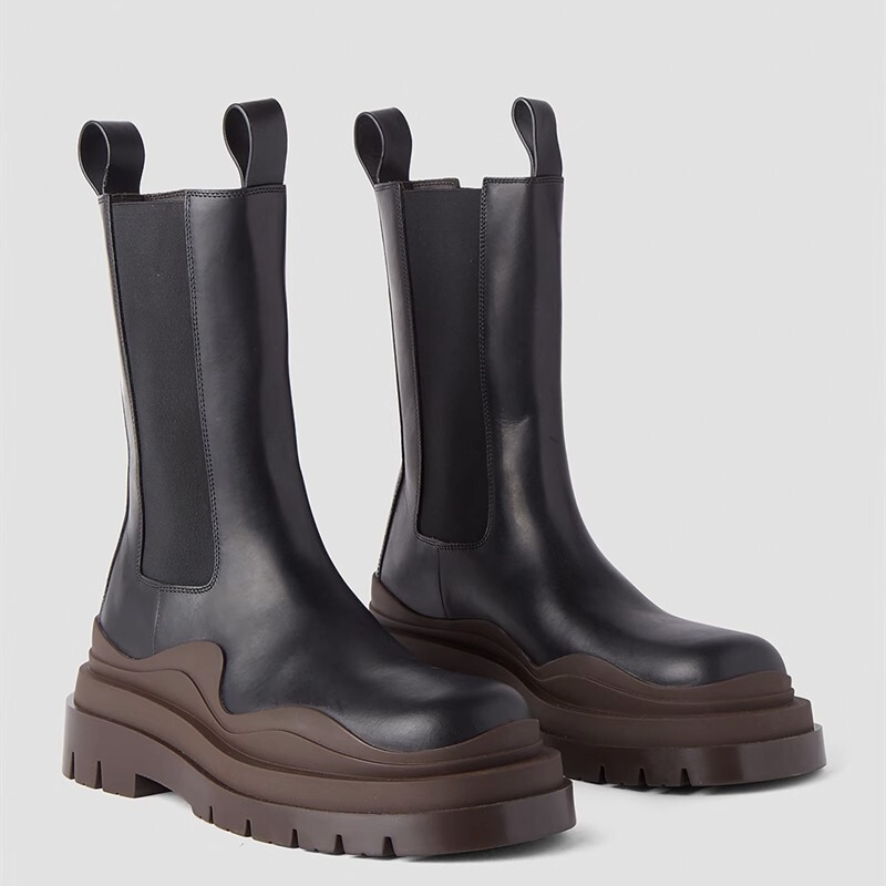 Hong Kong Genuine Leather Boots, Brown Martin Boots for Women, British Style Mid-Calf Chimney Boots, Thick-Soled Height-Increasing Chelsea Short Boots