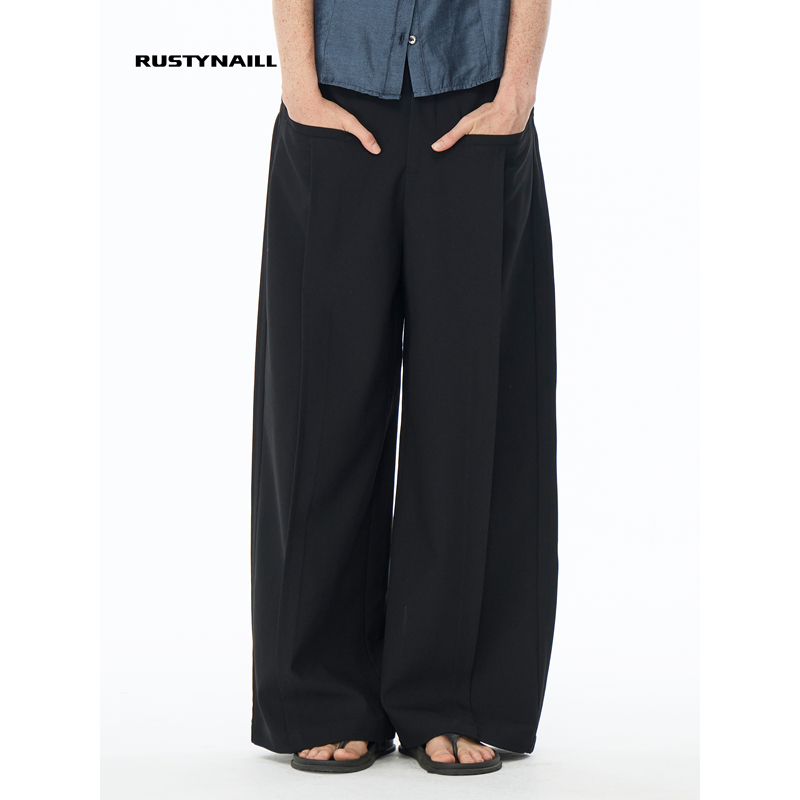 Rustynaill Three-Proof Fabric Mid-Low Waist Simple High-End Loose Wide-Leg Straight Drape Casual Trousers